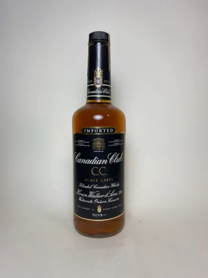 Canadian Club Black Label 8YO Blended Canadian Whisky bottle, distilled in the 1980s, featuring retro label design and 75cl size.