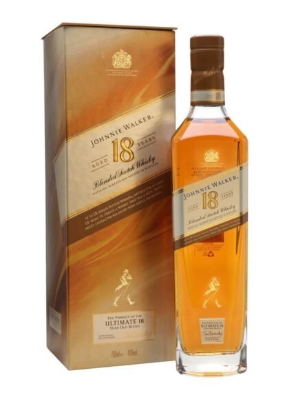 A bottle of Johnnie Walker 18 Year Old Scotch Whisky with its classic label and rich amber liquid.