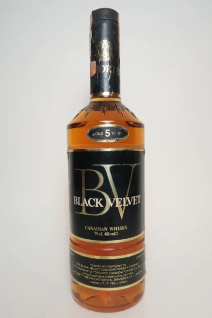 Black Velvet 5YO Blended Canadian Whisky bottle, distilled in 1974 and bottled in 1979 with retro label design