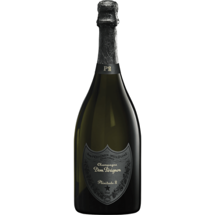 Dom Pérignon 'P2' Brut 2002 vintage champagne bottle with its sleek black label and luxurious packaging.