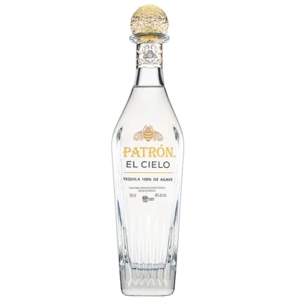 A bottle of Patrón El Cielo Silver Tequila with its elegant silver label and crystal-clear liquid.