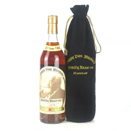 Pappy Van Winkle's 23-Year Family Reserve bottle with rich amber bourbon and iconic label design.