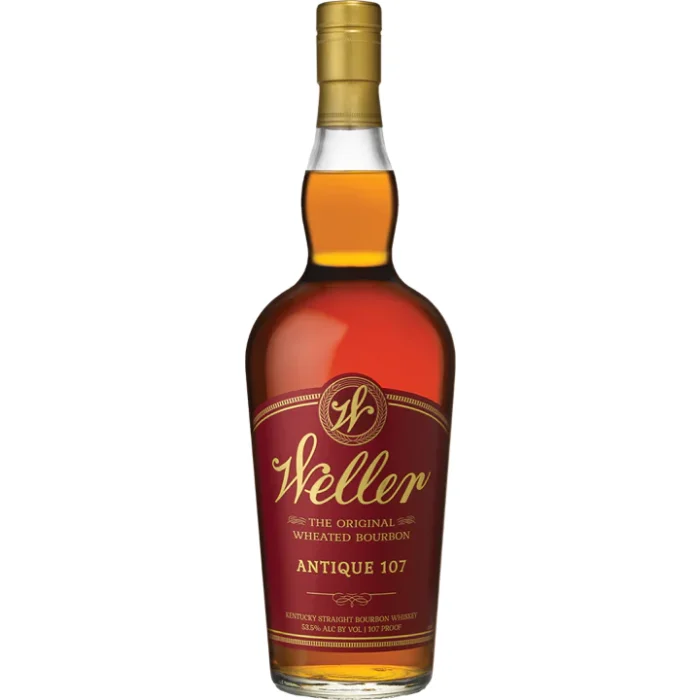 Weller Antique 107 Bourbon bottle with red label, showcasing its bold high-proof wheated bourbon character