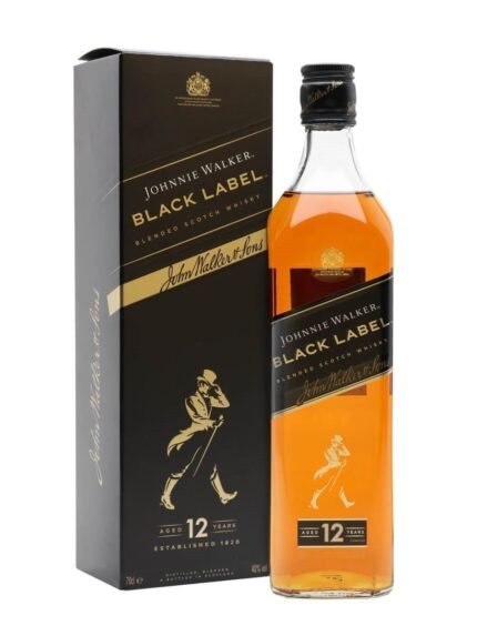 A bottle of Johnnie Walker Black Label 12 Year Old with its iconic black and gold label and a glass of whisky beside it