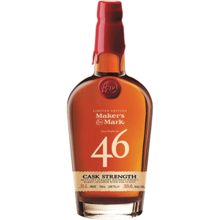 Maker’s Mark 46 Cask Strength Bourbon Limited Edition bottle with red wax seal, showcasing its bold and refined character.