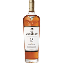 Macallan 18 Year Old Sherry Oak bottle in elegant packaging, showcasing its rich mahogany color and premium craftsmanship