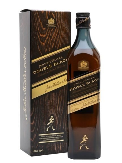 A bottle of Johnnie Walker Double Black with its sleek black label and deep amber whisky.