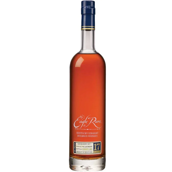 Eagle Rare 17-Year-Old Bourbon in its elegant bottle with a rich amber hue.