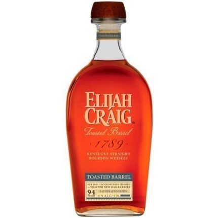 A bottle of Elijah Craig Toasted Barrel Bourbon with its amber whiskey and distinctive label alongside a glass