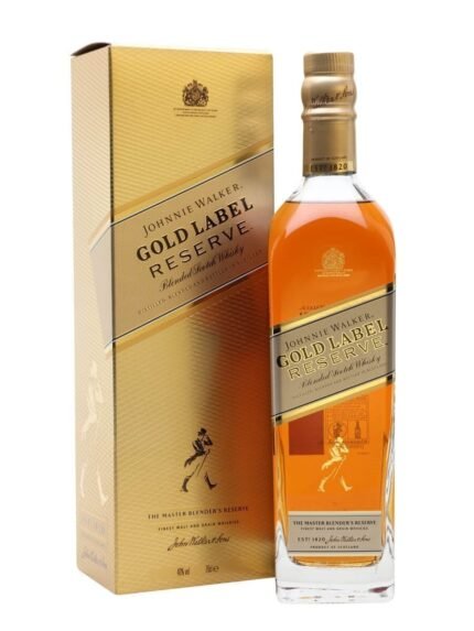 A bottle of Johnnie Walker Gold Label Reserve with its golden label and signature square design, alongside a glass of whisky.