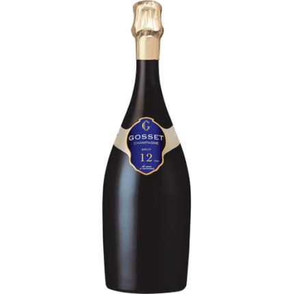 Gosset 12 Ans De Cave à Minima champagne bottle with signature antique design and luxurious golden hue