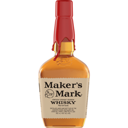 Maker’s Mark Bourbon Whisky bottle with hand-dipped red wax seal, showcasing its smooth, handcrafted quality