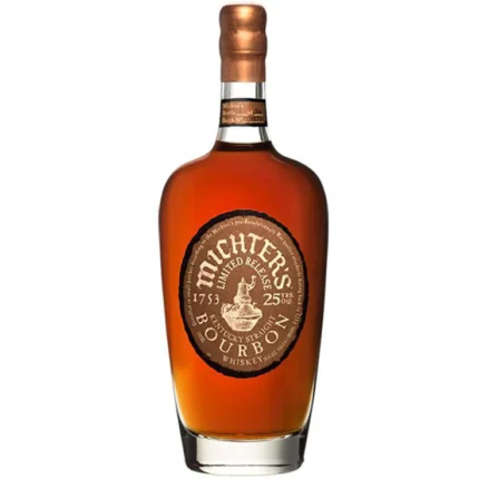 Michter’s 25 Year Old Single Barrel Bourbon bottle with bespoke wooden display box, showcasing its luxury and rarity.